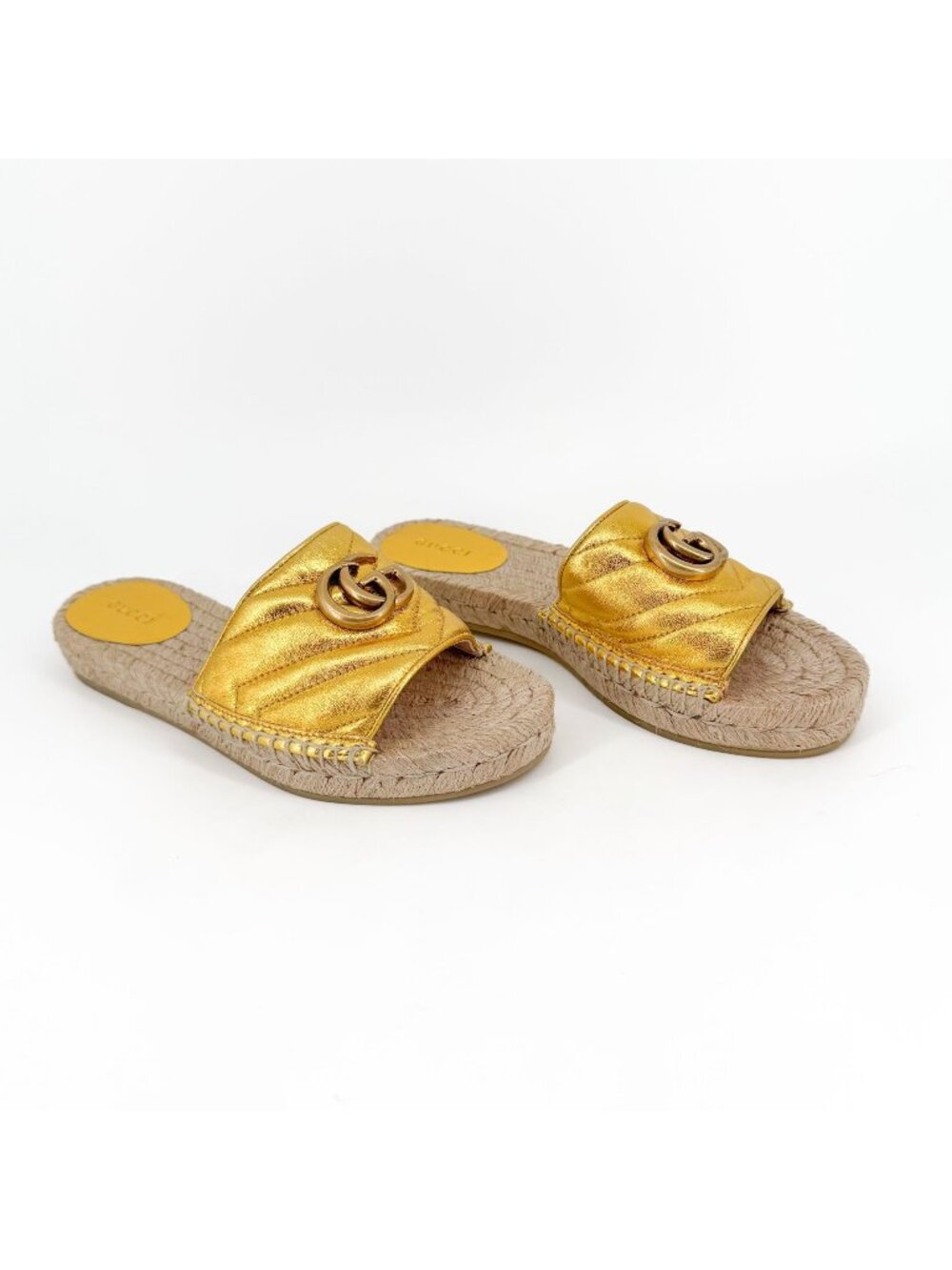 Gucci Metallic Gold Matelasse GG Espadrille Flat Slide Sandal Size 37 US 7 Women